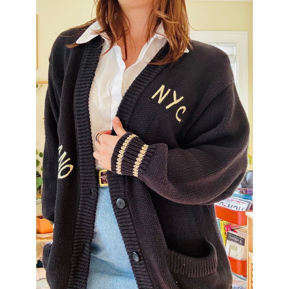 Vintage Varsity Cardigan Oversized NYC Milano Paris Roma London‎ - Picture 2 of 5